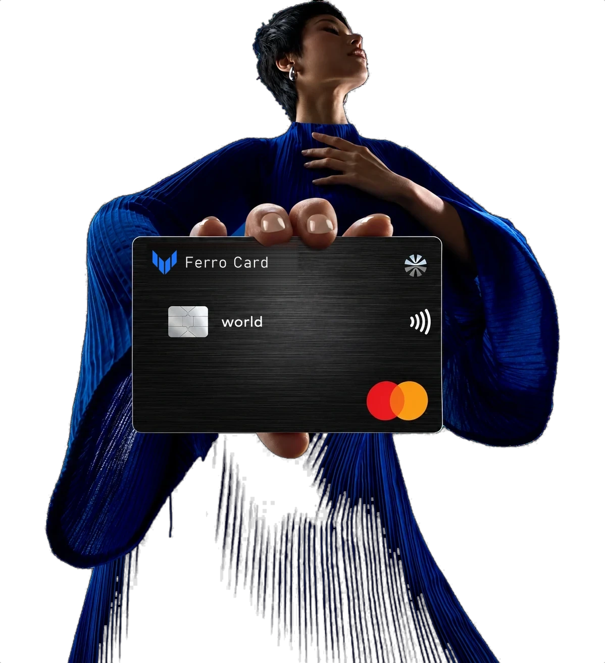 Person in a blue pleated dress holding up a Ferro Card metal payment card
